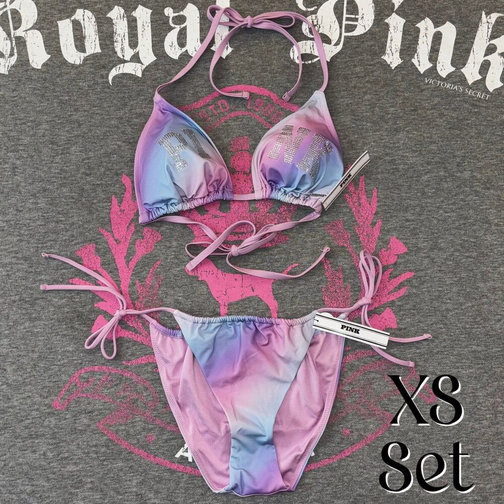 Victorias Secret PINK Rainbow Ombre Cotton Candy Bling String Bikini Set XS